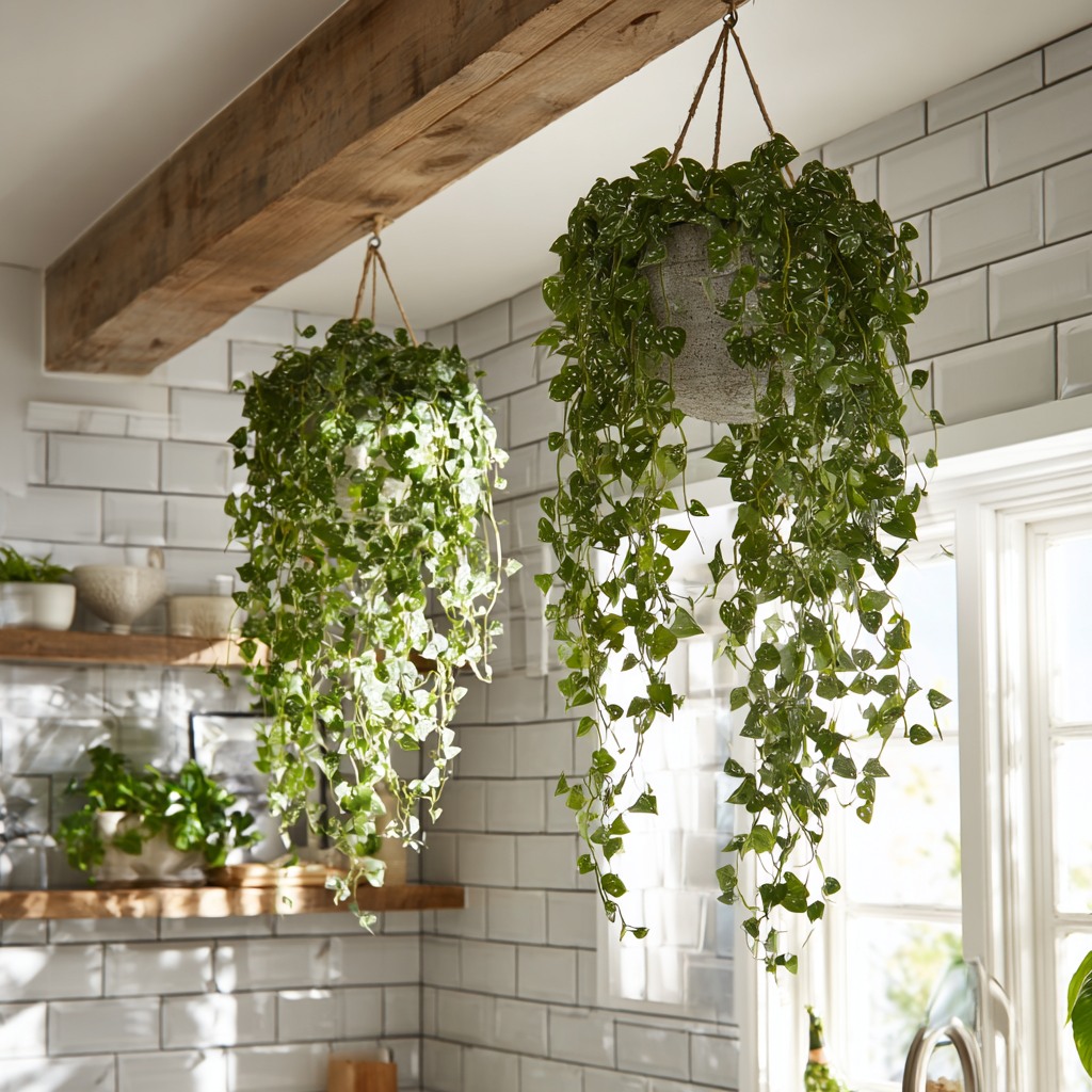 guandoe0576 two lush green trailing plants hang from wooden bea 5256364c 1277 4d6c 8abf be531a8264a2