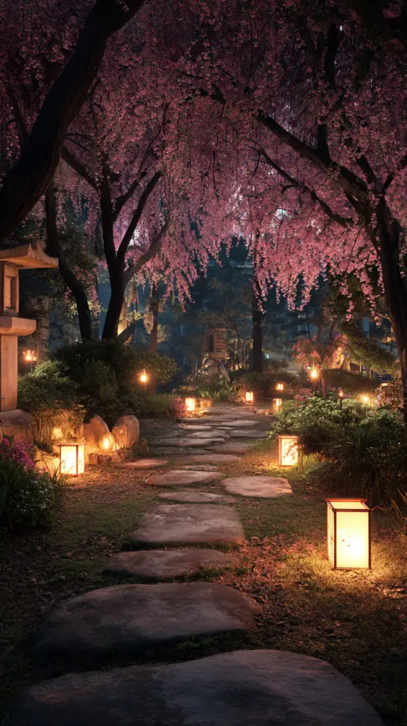 kr0593 japanese zen garden with cherry blossom trees at night s d58252d8 2aa5 4234 bb31 296e472c4671