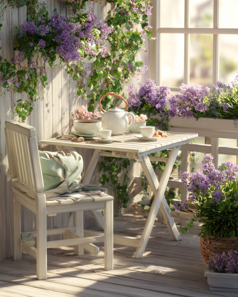 l012564 a realistic spring themed balcony scene with white wood af85ea40 ed9d 4303 980a 597513630b59