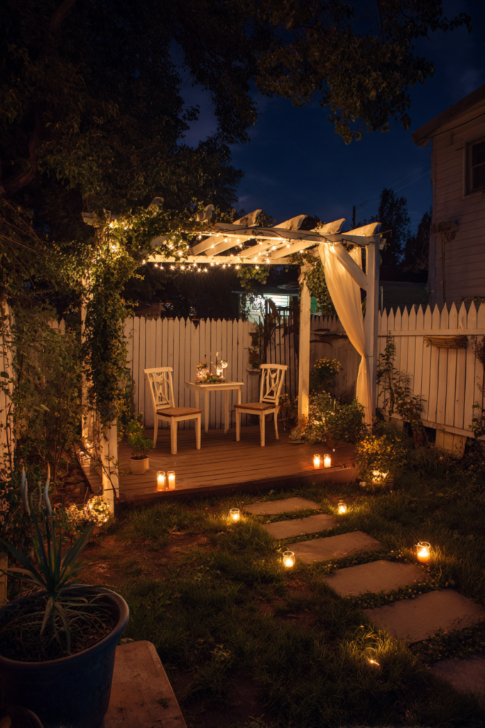 penghuilu night photograph of the backyard with an arbor chairs 1cbf6025 e67a 49ef 85f6 8fec86aa8249